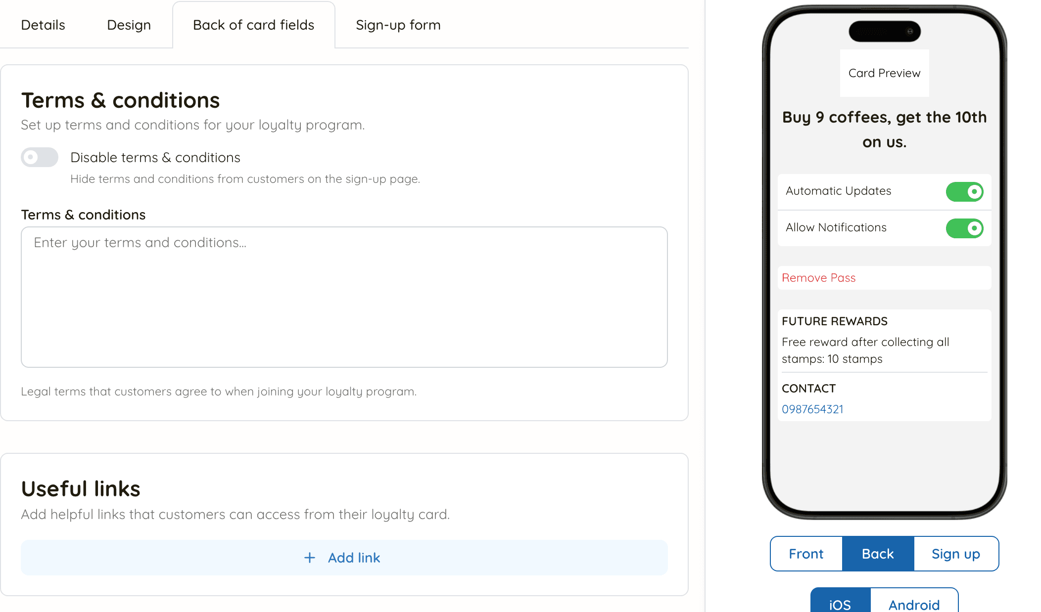 The Back of card fields tab with terms and conditions and a list of useful links