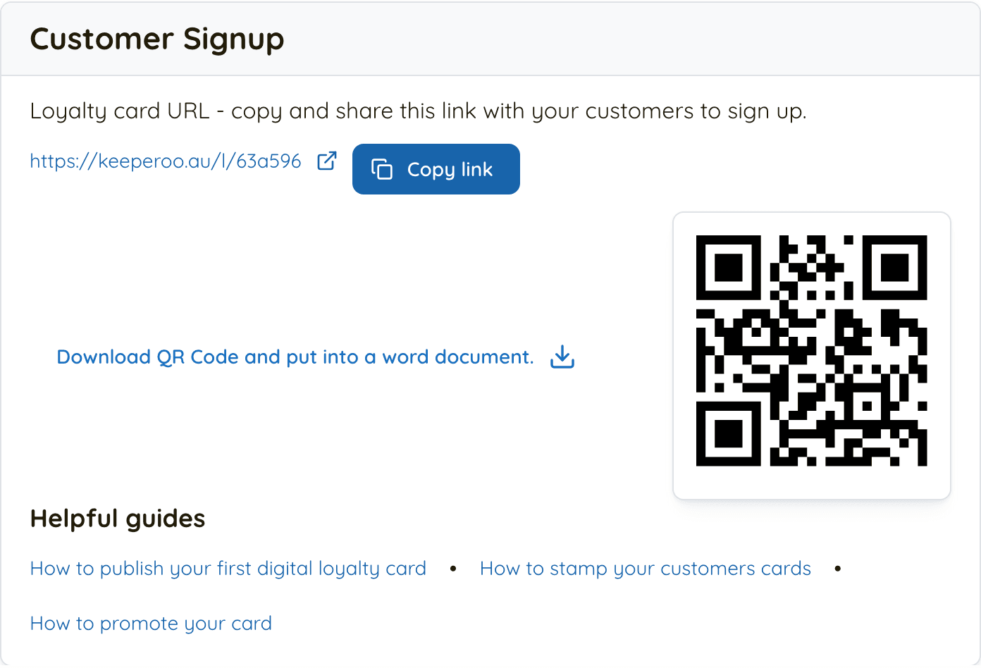 The Customer Signup panel with the card's link, a Copy link button, a QR code and a download button