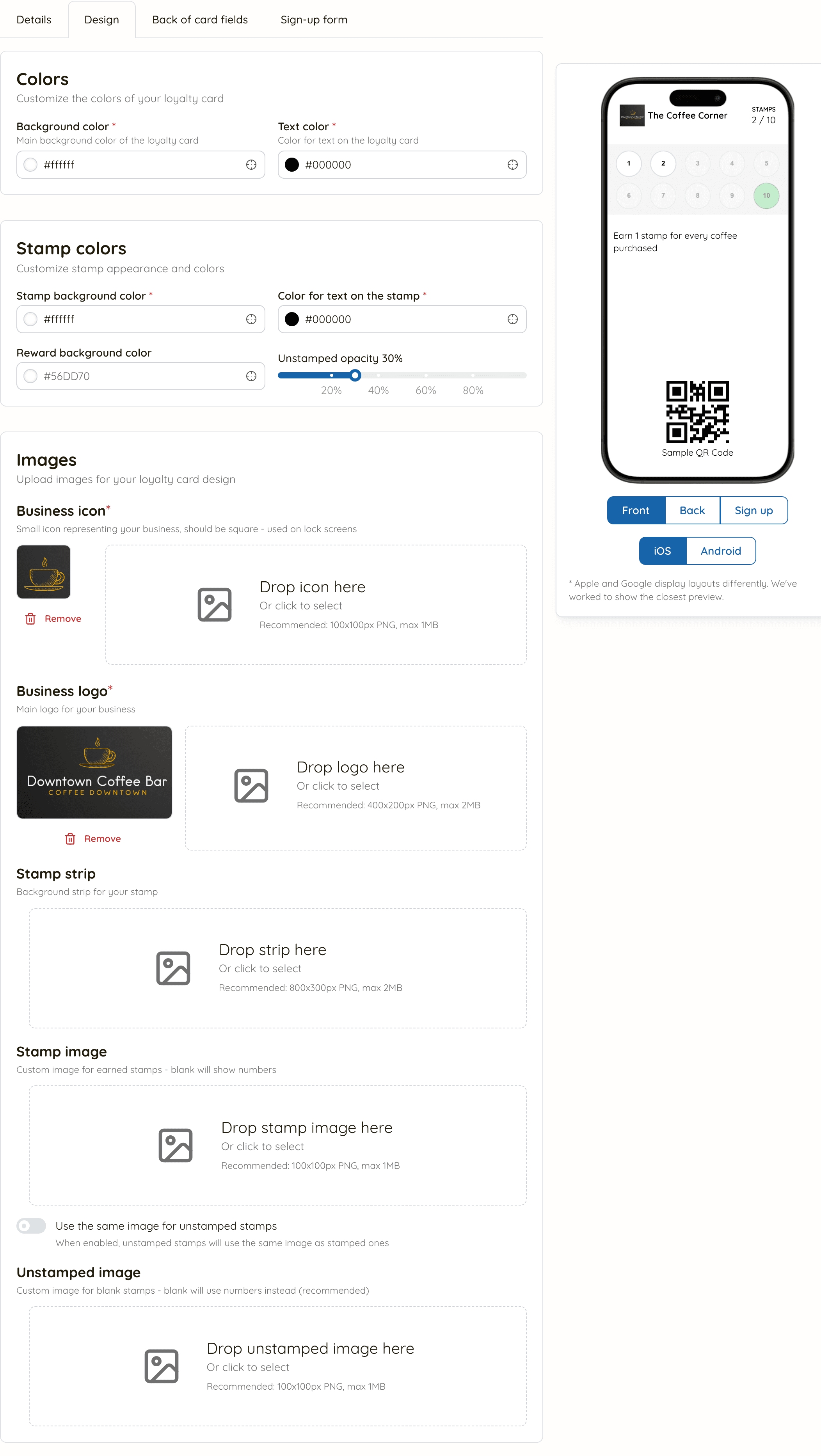 The Design tab of the card editor with image upload areas and colour pickers
