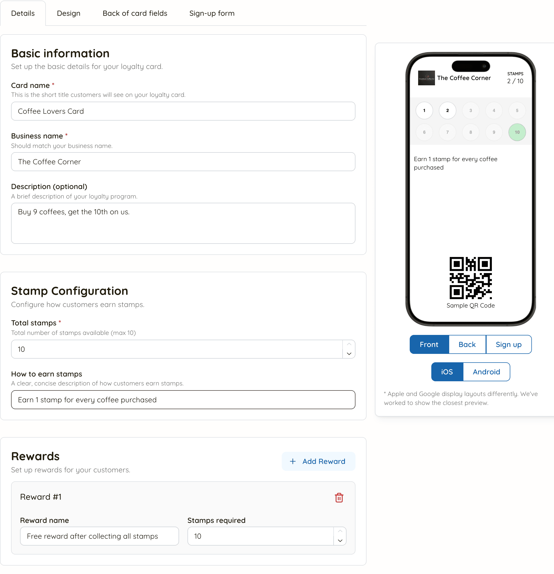 The Details tab of the card editor, with the card name, stamp count, how to earn stamps and a reward filled in, and a phone preview on the right
