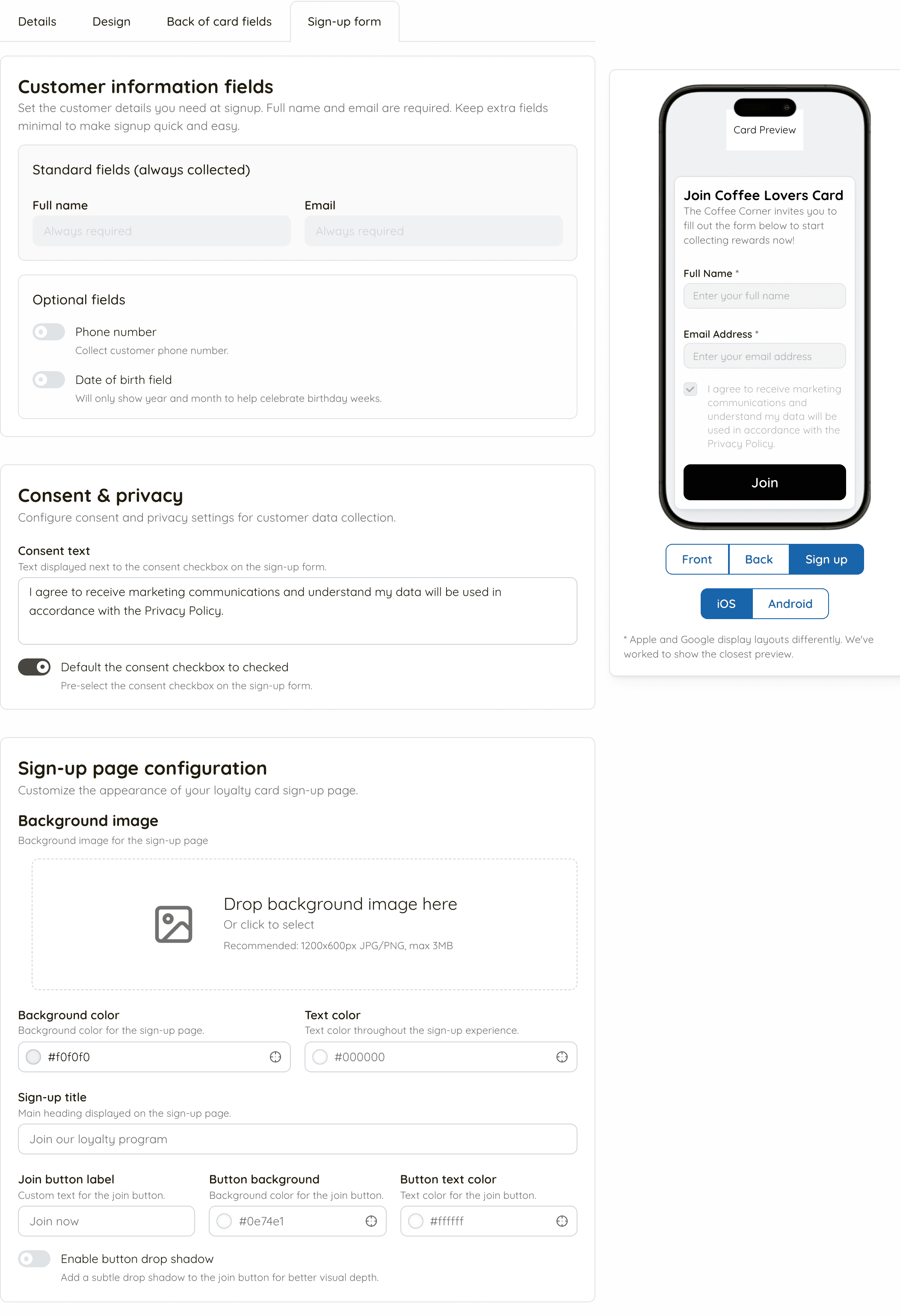The Sign-up form tab of the loyalty card editor, where the fields to collect and the consent wording are configured