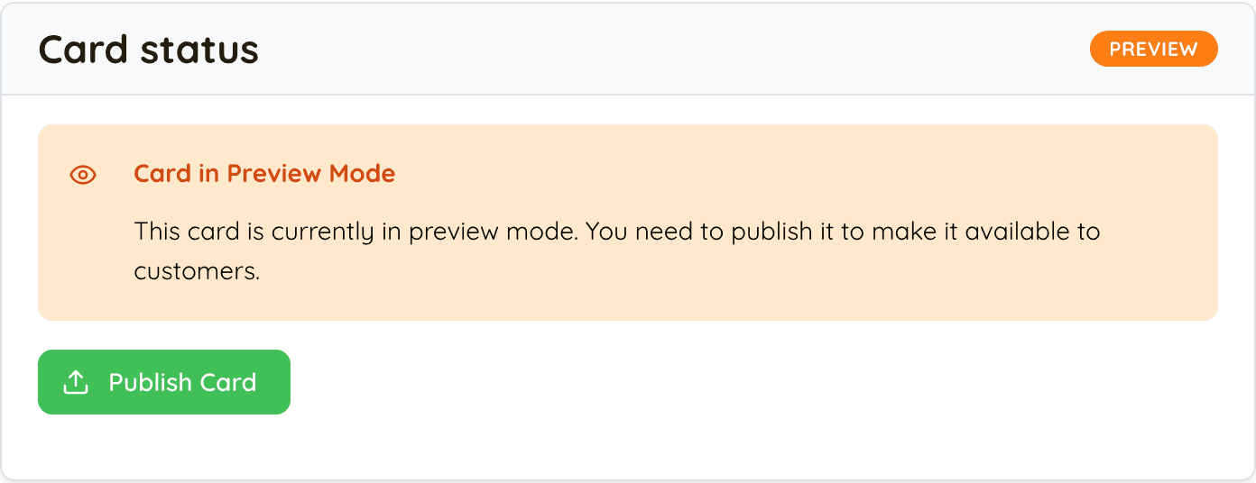 The Card status panel showing PREVIEW with a green Publish Card button