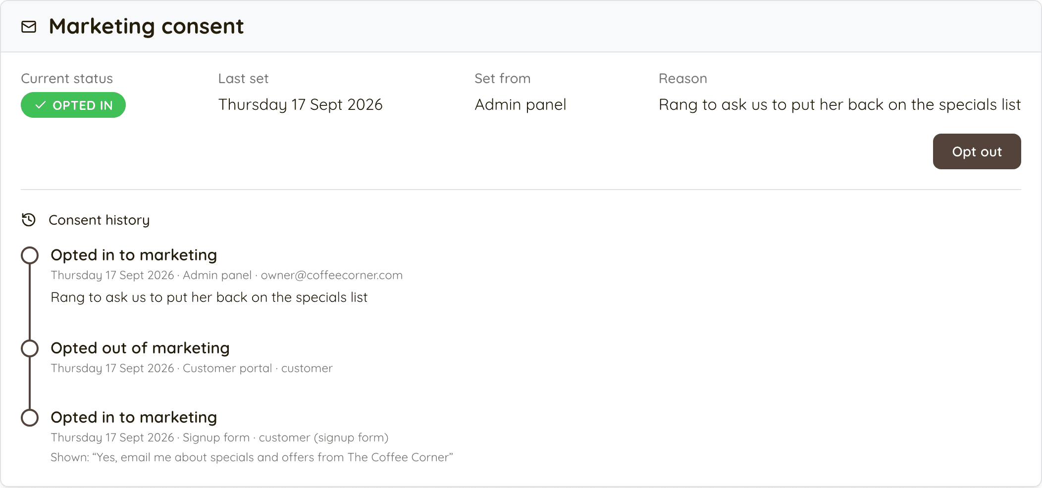 The marketing consent card on a customer's page: current status, when it was last set, where it was set from, and the full history timeline