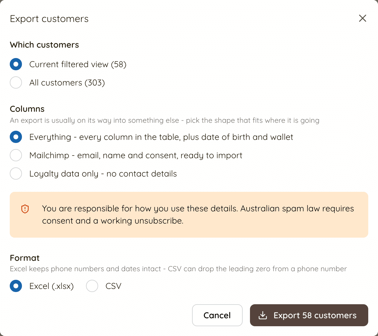 The Export customers dialog, showing the scope, column set and format options with a count on the export button