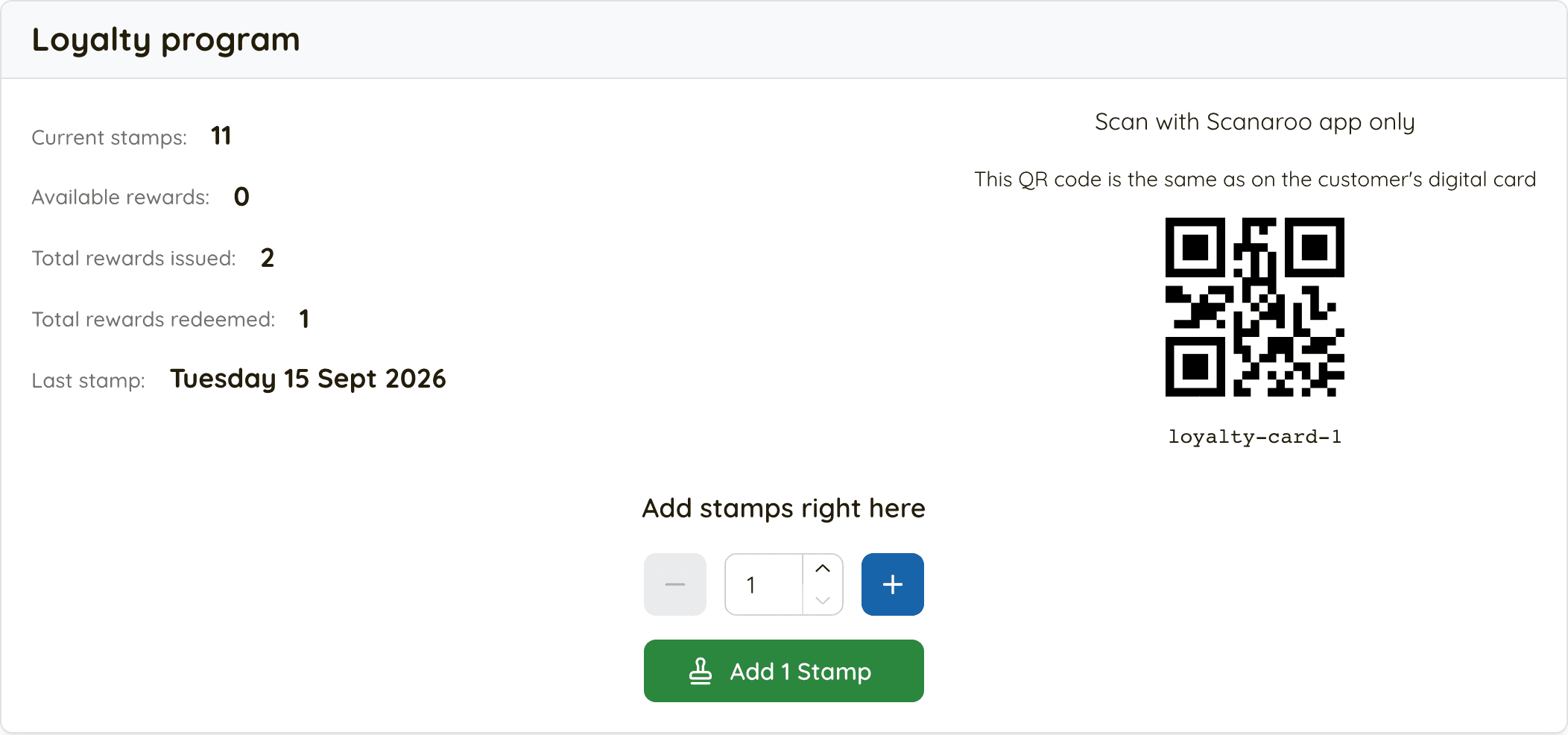 The Loyalty program panel on a Keeperoo customer page, showing current stamps, available rewards, total rewards issued and redeemed, the date of the last stamp, and controls to add stamps