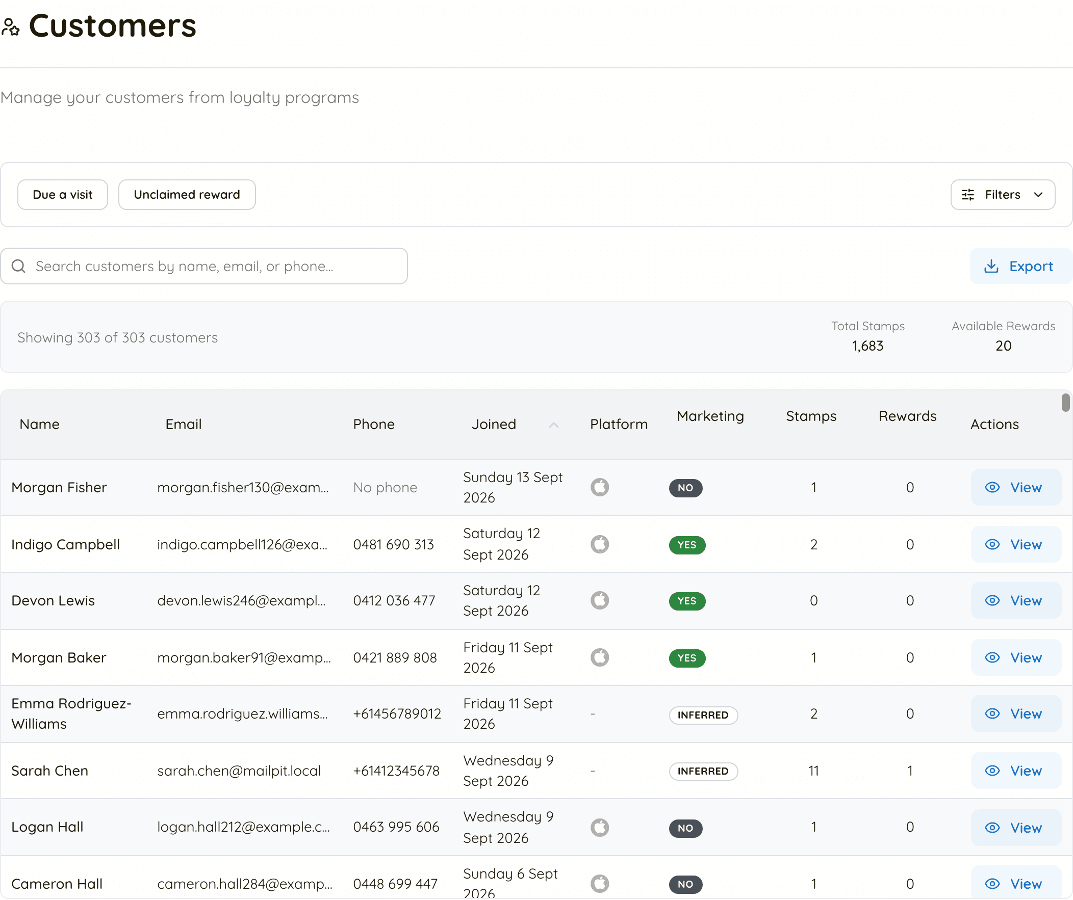 The Customers page in the dashboard: filter panel, customer table with stamps and consent, and an Export button