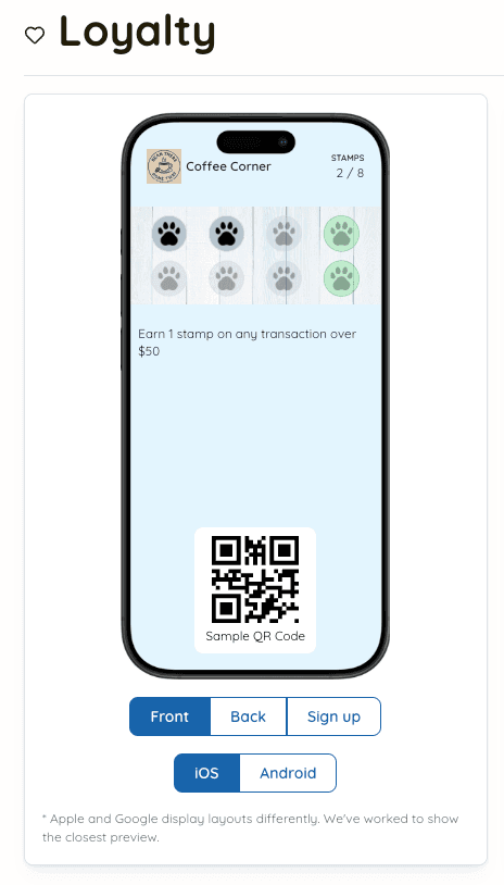 The Loyalty page showing existing cards as phone previews