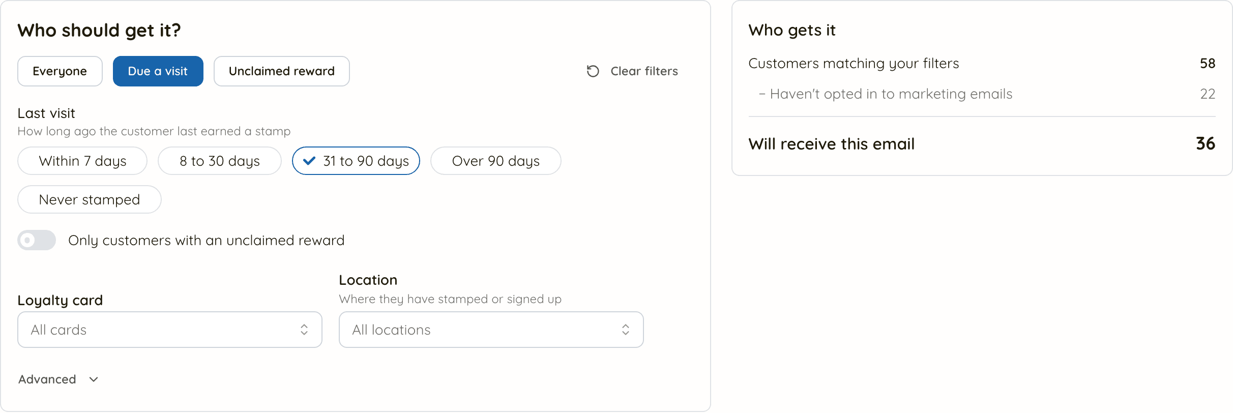 The Due a visit preset selected: 58 customers match, 22 have not opted in, 36 will receive the email