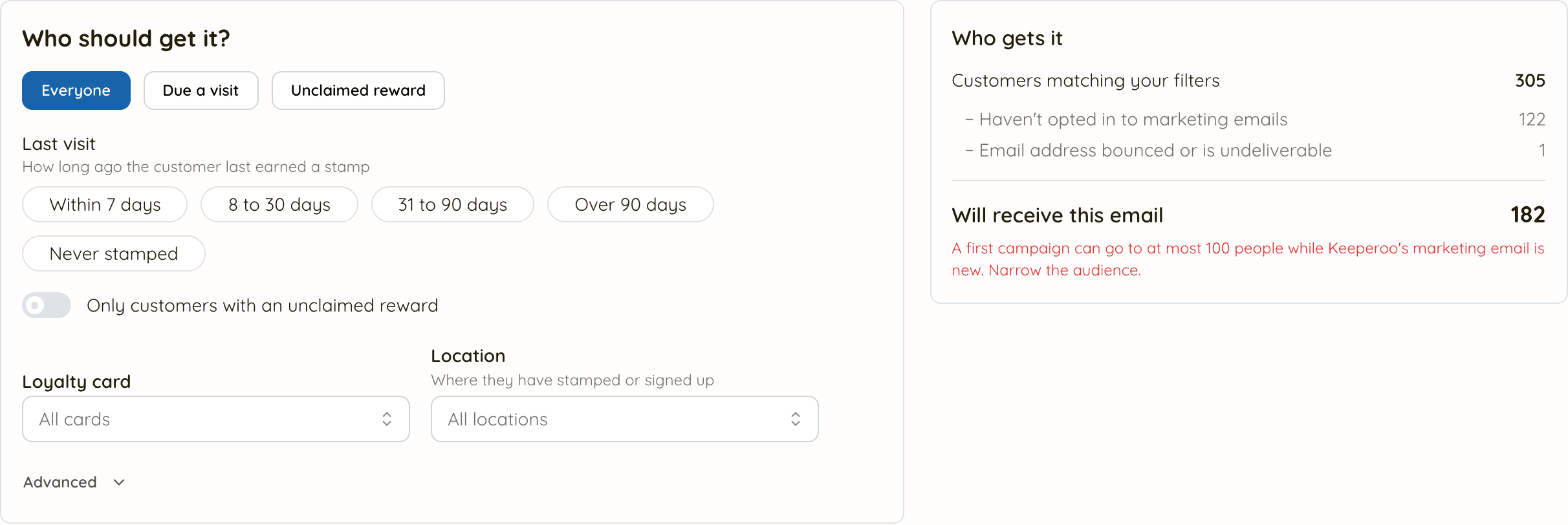 The audience step with Everyone selected: 305 customers match, 122 have not opted in to marketing, 1 address bounced, 182 will receive it, and a note that a first campaign can go to at most 100 people