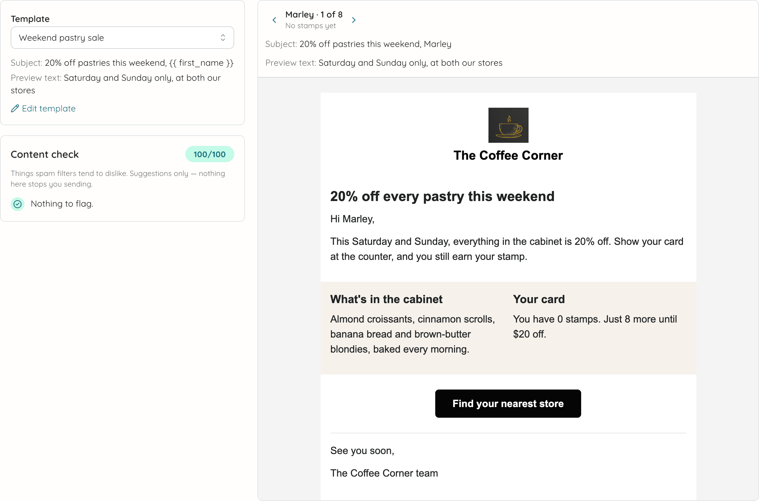 The content step: Weekend pastry sale chosen as the template, its subject and preview text, a content check of 100 out of 100, and the email previewed for the first person in the audience