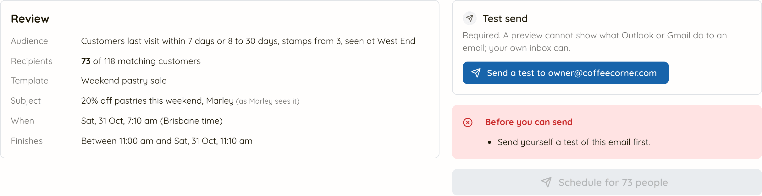 The review step before a test: the summary on the left, and on the right a Send a test button, a red Before you can send box asking for a test, and the schedule button greyed out