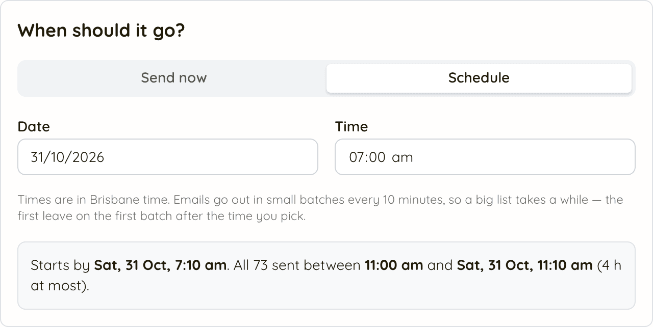 The schedule step with Schedule chosen, a date of Saturday and a time of 7:00 am, and an estimate of when sending starts and finishes
