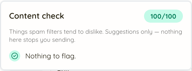 The content check panel: 100 out of 100, nothing to flag