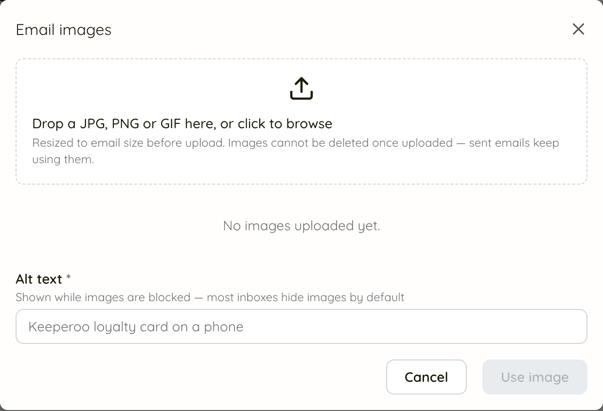 The Email images dialog: an upload area, the business's uploaded images (none yet), a required Alt text field, and Cancel and Use image buttons
