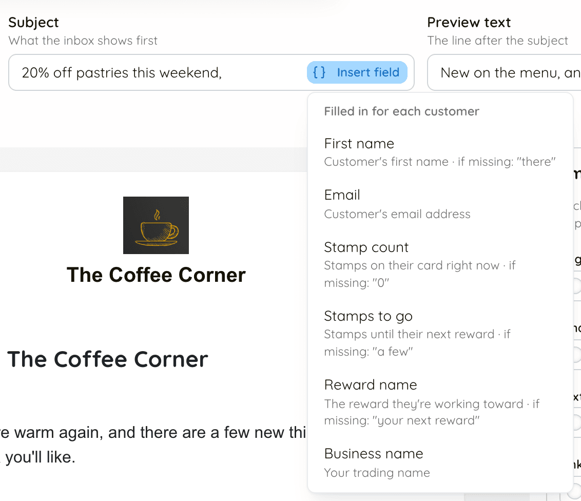 The Insert field menu open beside the Subject: First name, Email, Stamp count, Stamps to go, Reward name and Business name, each with what is used if it is missing
