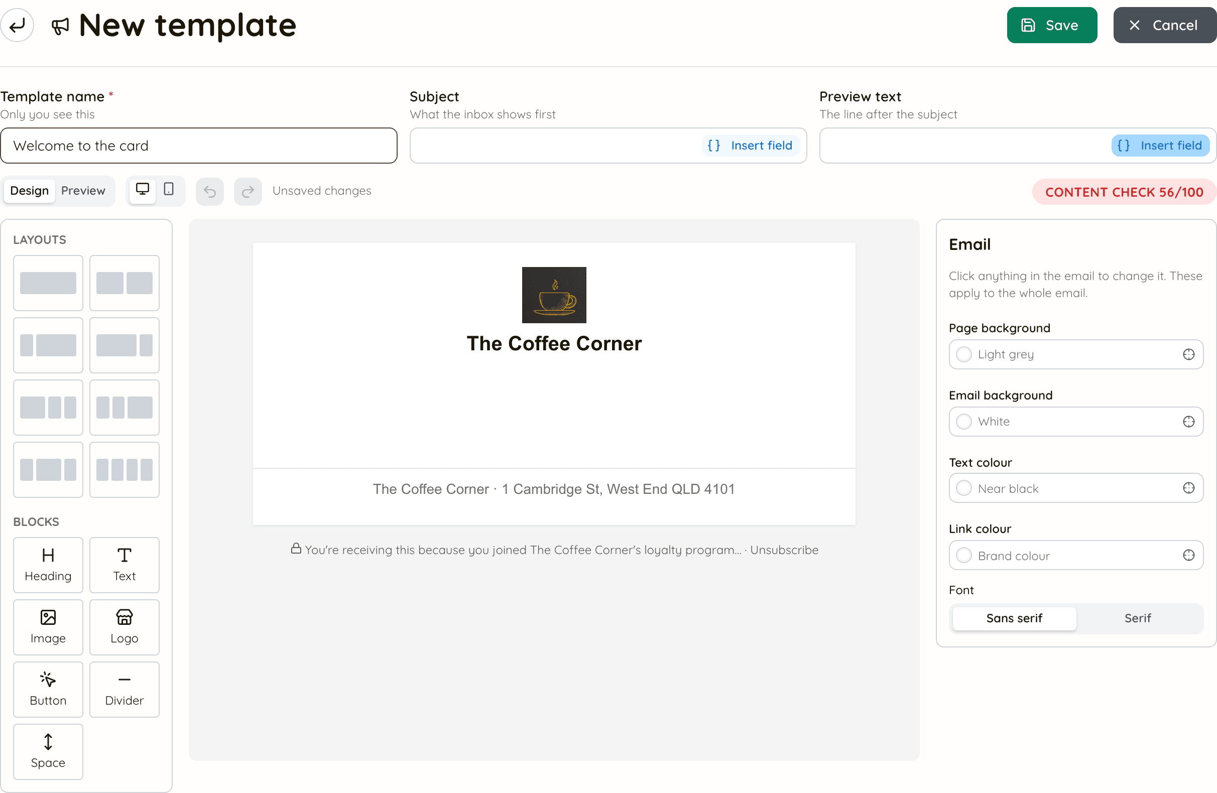 A new, empty email template: name, subject and preview text fields across the top, a palette of layouts and blocks on the left, the email in the middle, and email-wide settings on the right