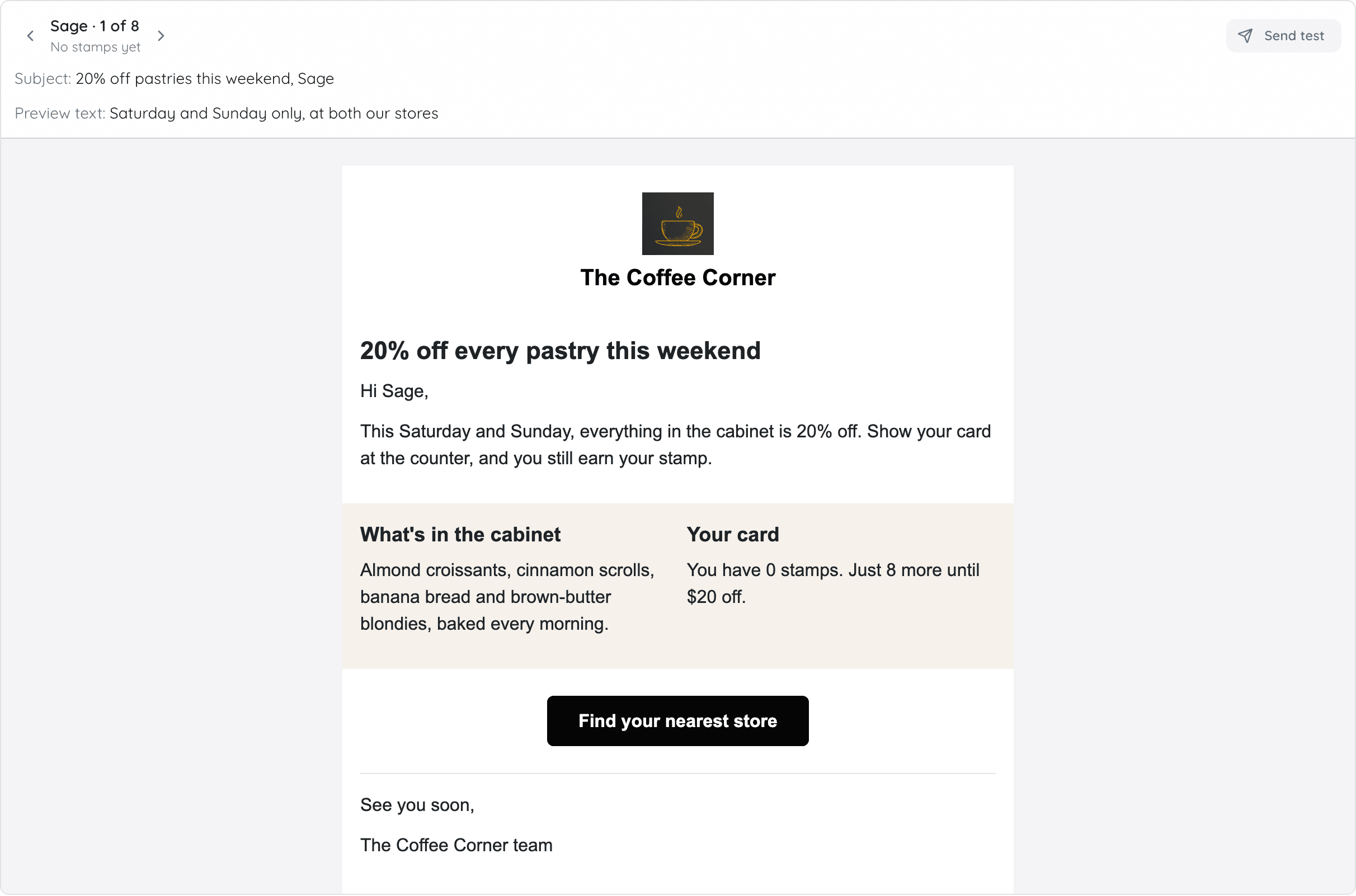 Preview of the sale email for one customer, 1 of 8: their name in the subject and greeting, and their stamp count and reward filled in