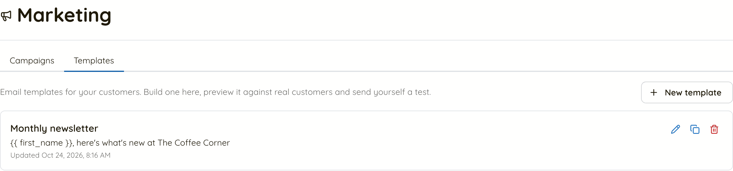 The Templates tab under Marketing, with a New template button and one template, Monthly newsletter, with its subject line and edit, duplicate and delete icons