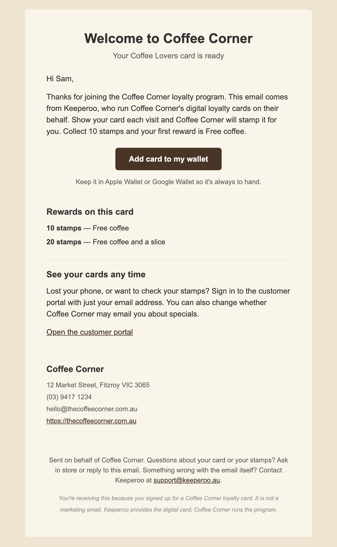 The welcome email: business logo, a welcome heading, an Add card to my wallet button, the reward tiers, a customer portal link and the business contact details