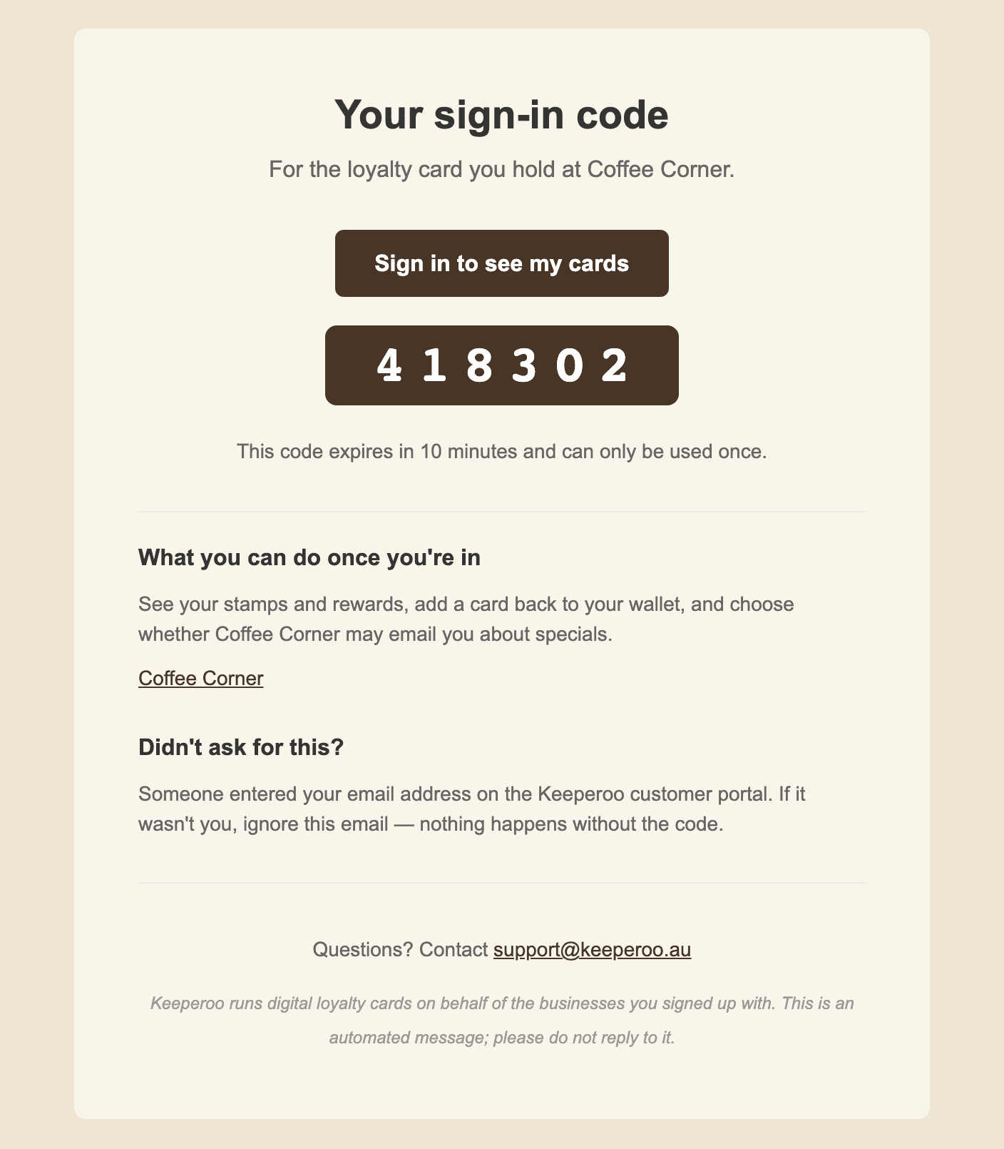 The portal sign-in email: a Sign in to see my cards button, a large 6-digit code, and the expiry note