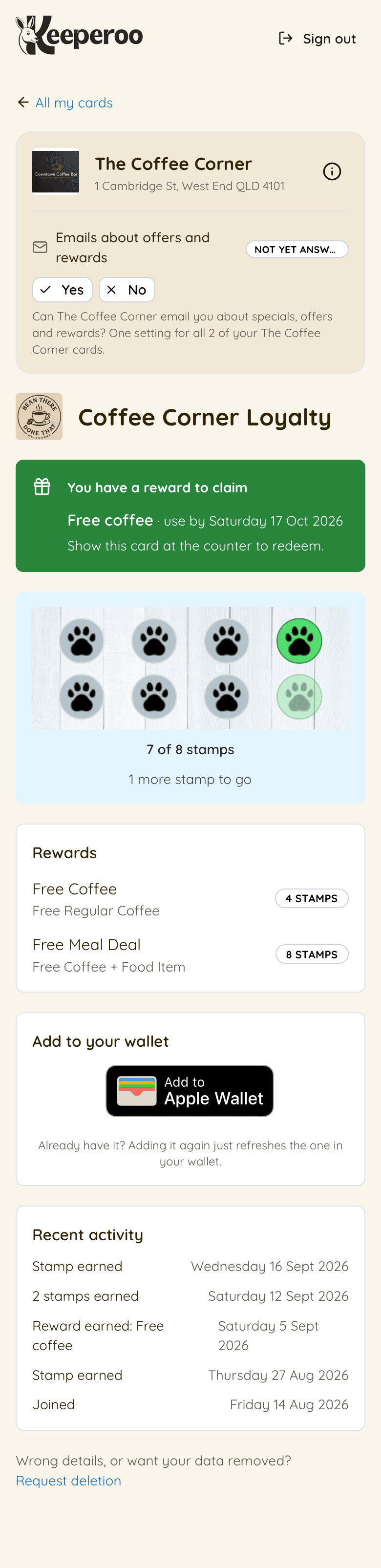 A single card in the portal: the business panel with the marketing email preference, the stamp strip, reward tiers, wallet buttons and recent activity