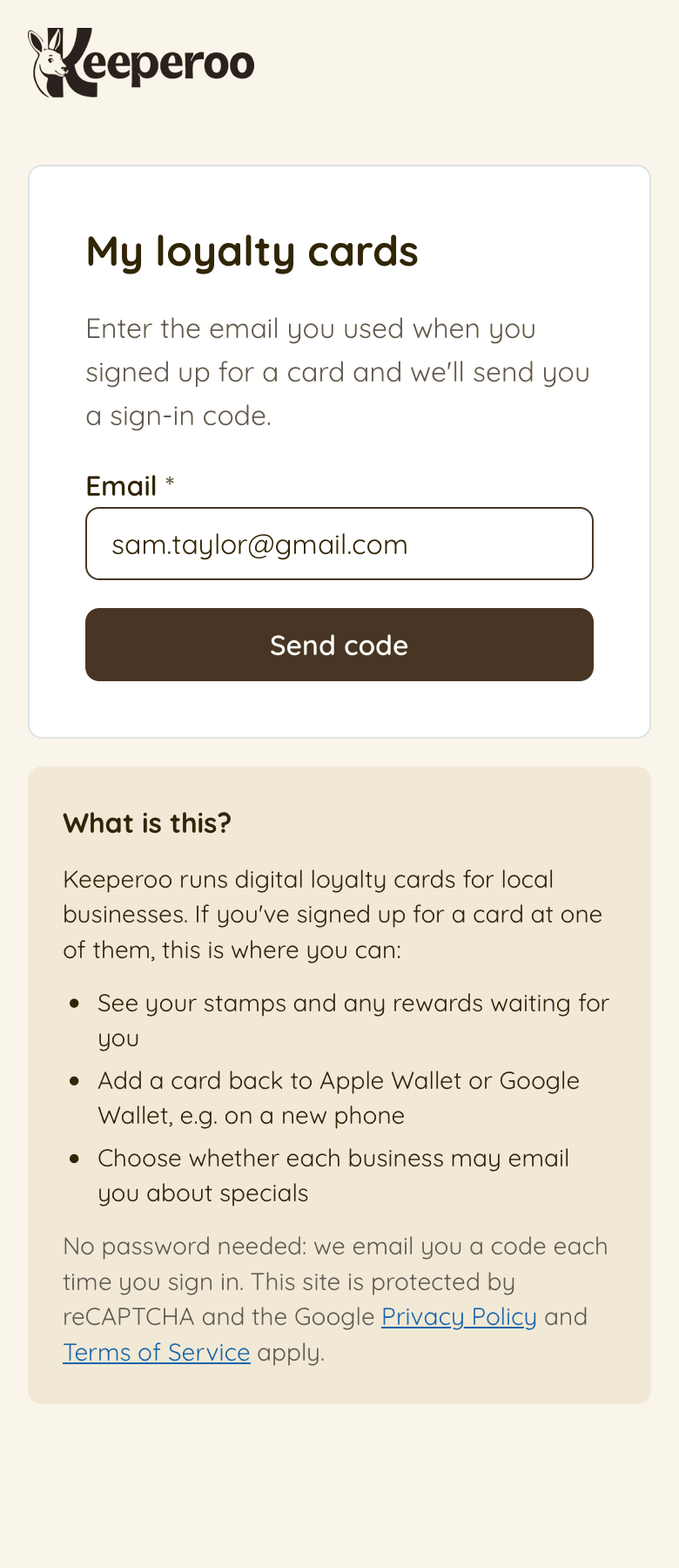 The customer portal sign-in page: an email field, a Send code button, and a short explanation of what the portal is for