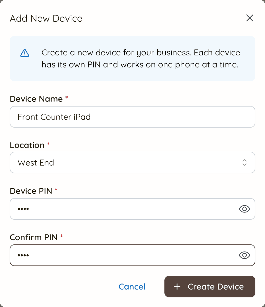 The Add New Device dialog with a device name, location and 4-digit PIN filled in