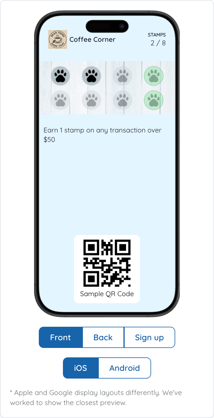 The Keeperoo card preview panel showing a loyalty card as it appears in a phone wallet: the business name, a stamp count of 2 of 8, the row of stamp icons, the earn rule and the customer's QR code
