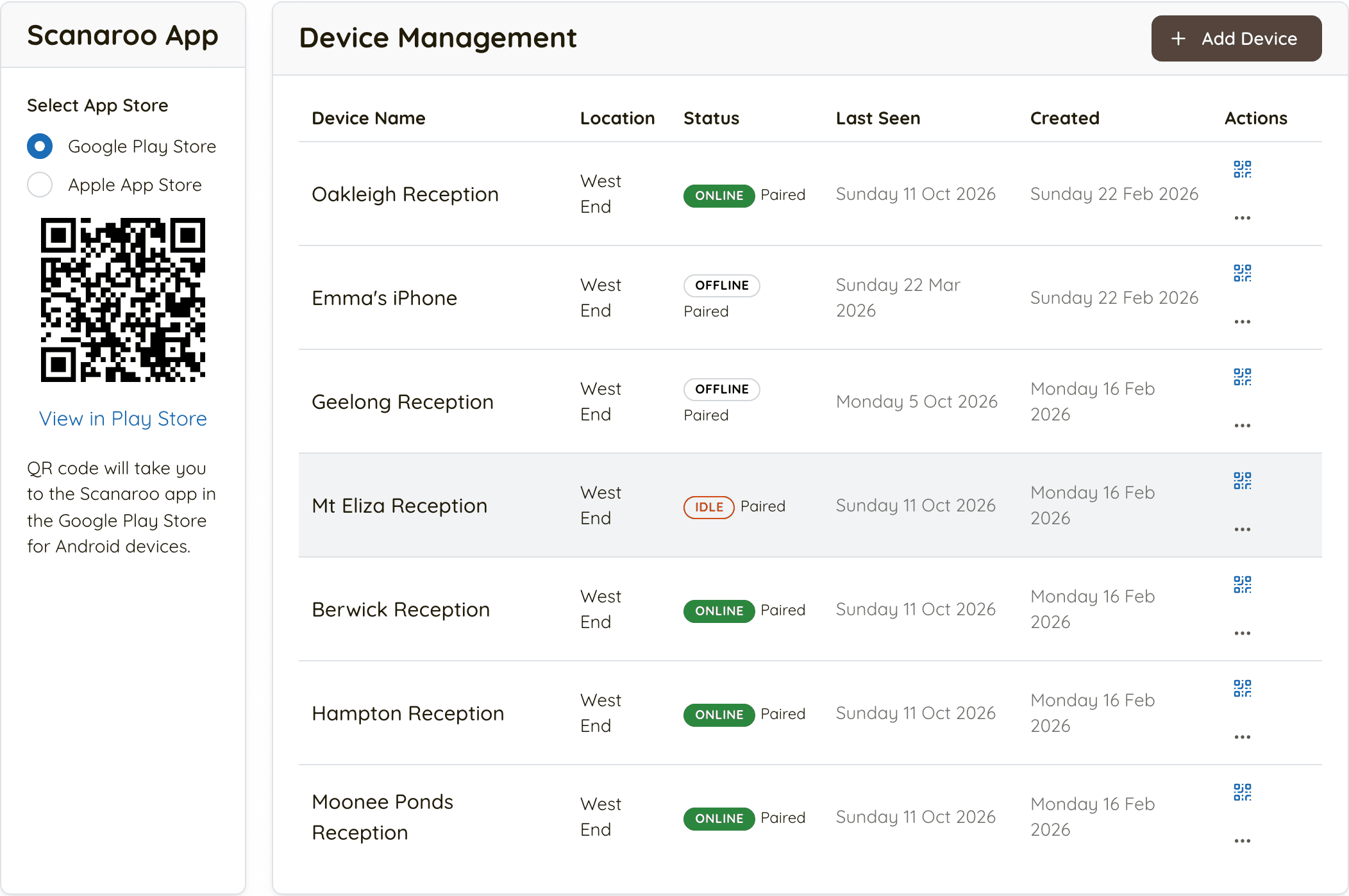 The Keeperoo dashboard showing the Scanaroo App download QR code beside the Device Management table