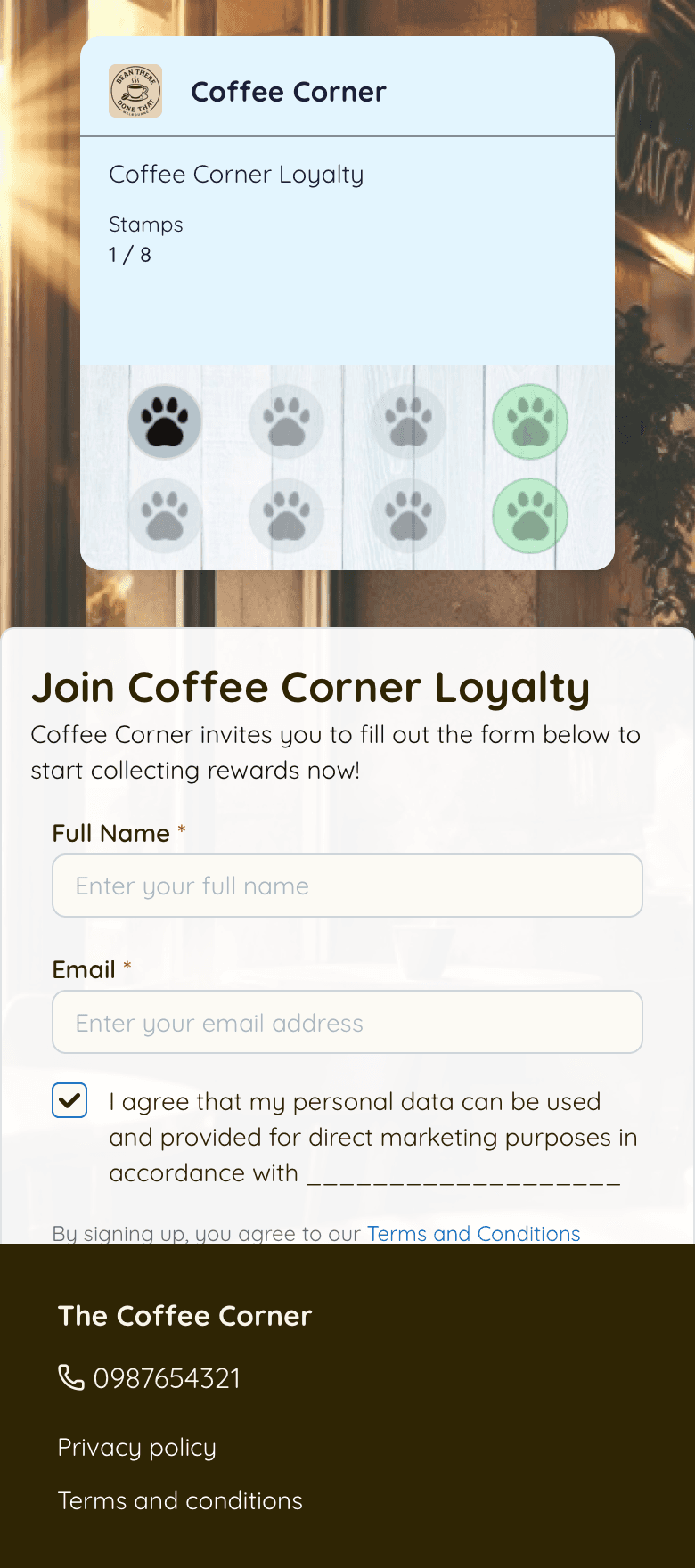The signup page a customer sees after scanning the QR code: the card preview, a short form and a Join Now button