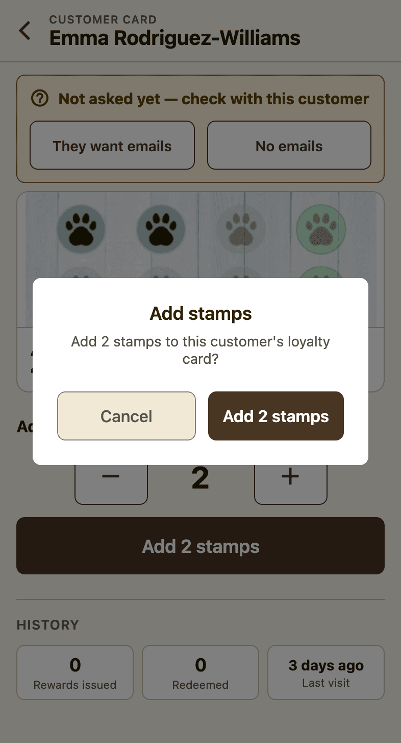 The Add stamps confirmation dialog asking to add 2 stamps to the customer's card