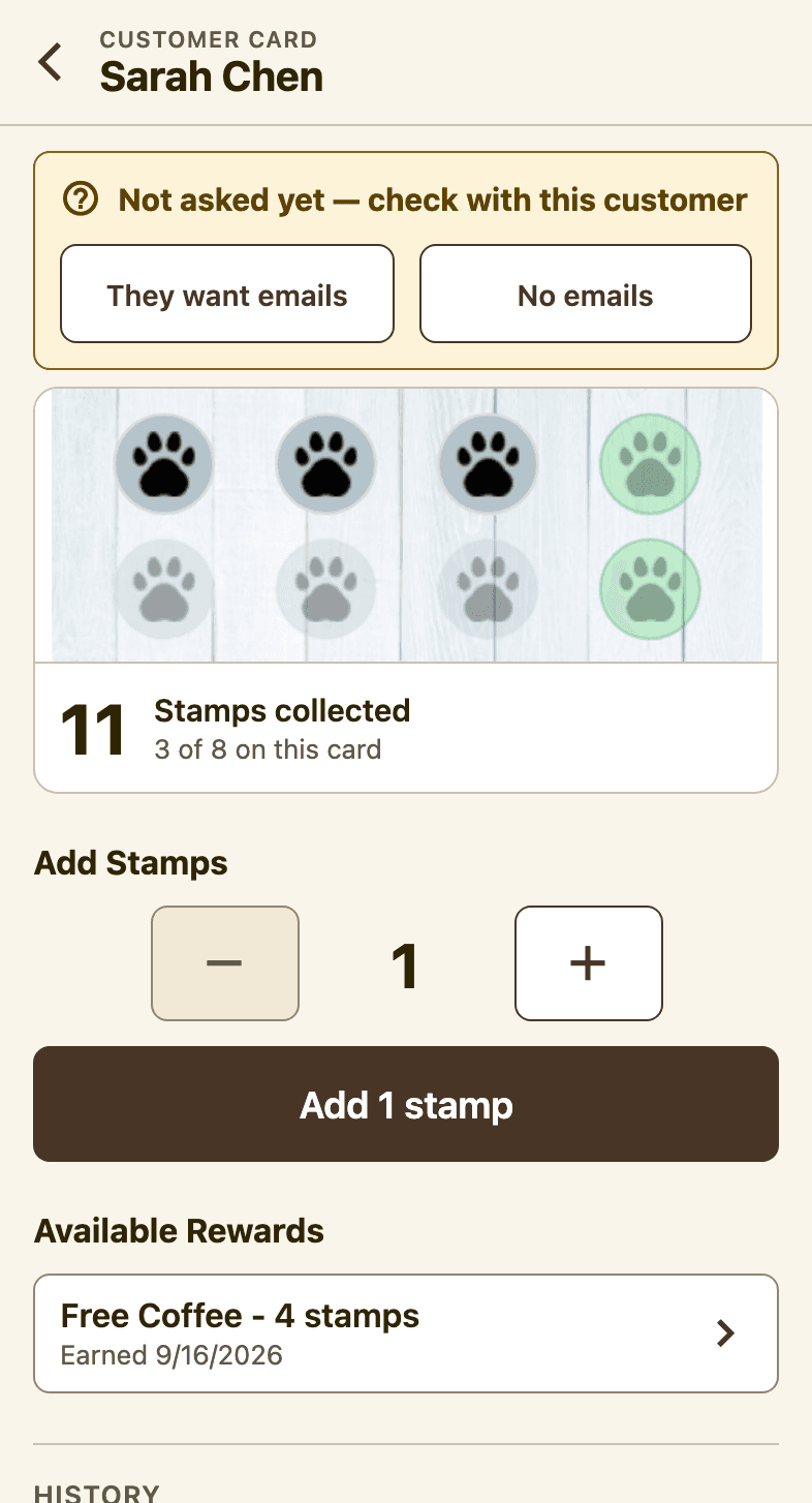 A customer's card in Scanaroo with a Free Coffee reward listed under Available Rewards