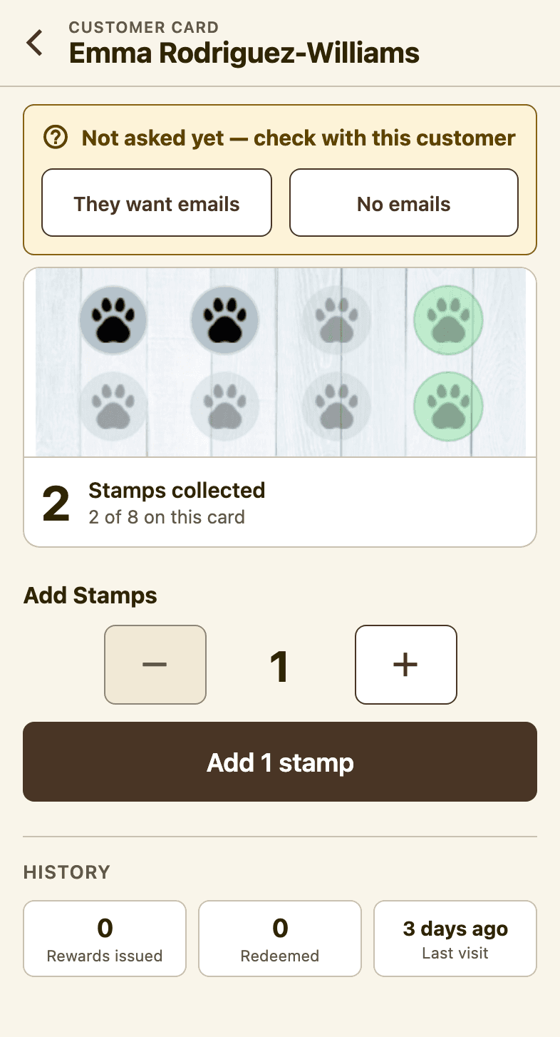 A customer's card in Scanaroo: their name, the stamp strip, stamps collected and the Add Stamps controls