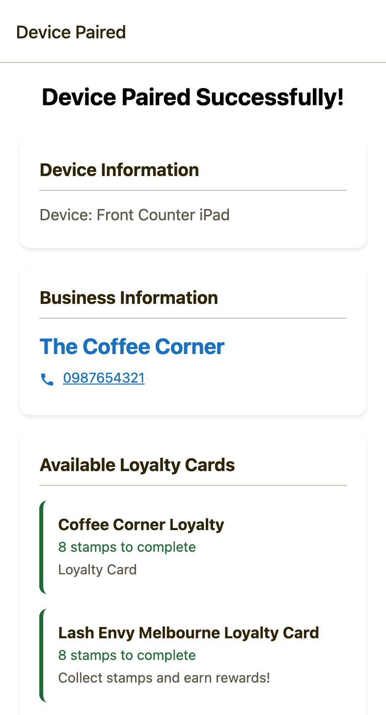 Scanaroo confirming the device is paired and listing the business's loyalty cards