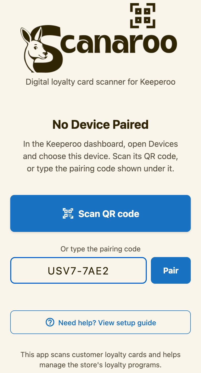 Scanaroo's first screen, No Device Paired, with a Scan QR code button and a pairing code typed into the box below it